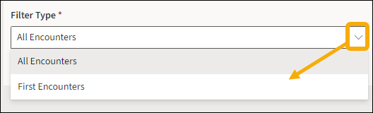 Filter Type with yellow highlight box around the drop down arrow and a yellow arrow pointing to the selection options.